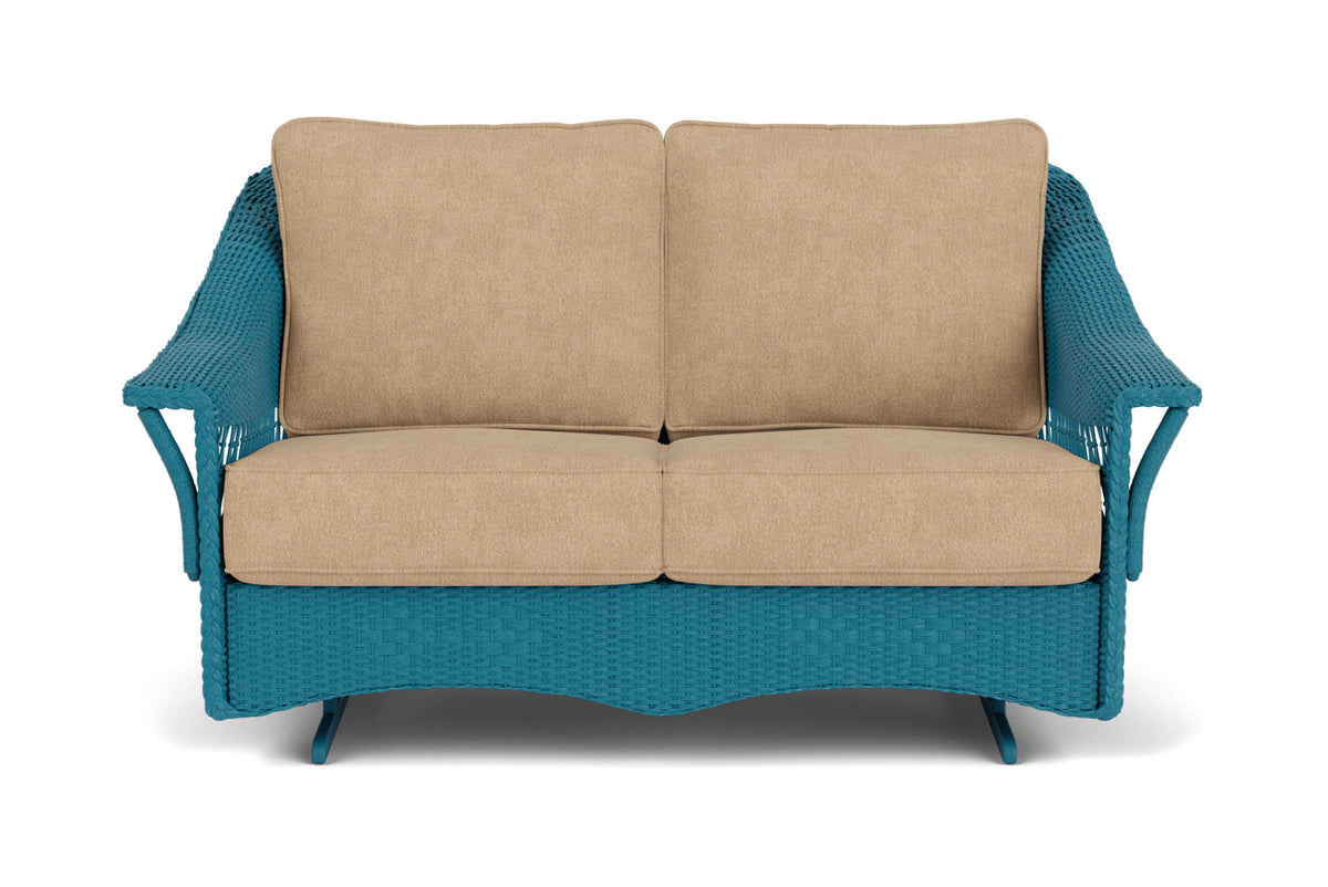 Lloyd Flanders Nantucket Loveseat Glider in Peacock with Hayden Sand fabric
