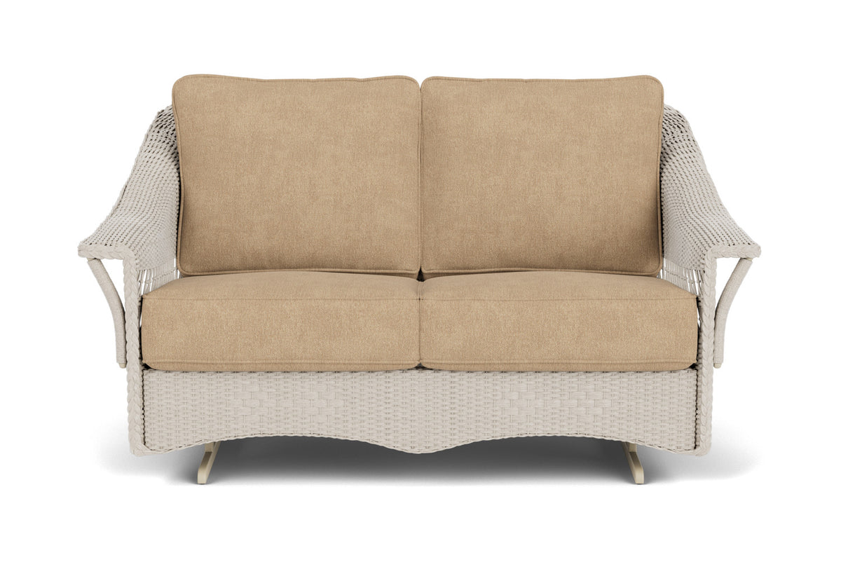 Lloyd Flanders Nantucket Loveseat Glider in Linen with Hayden Sand fabric