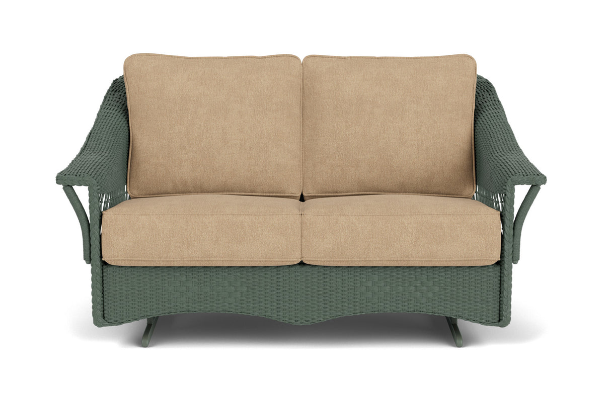 Lloyd Flanders Nantucket Loveseat Glider in Spruce with Hayden Sand fabric