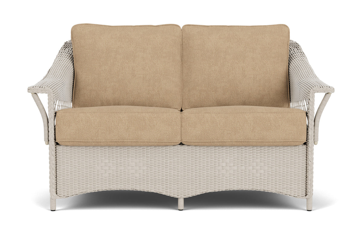 Lloyd Flanders Nantucket Conversation Set in Linen with Hayden Sand fabric