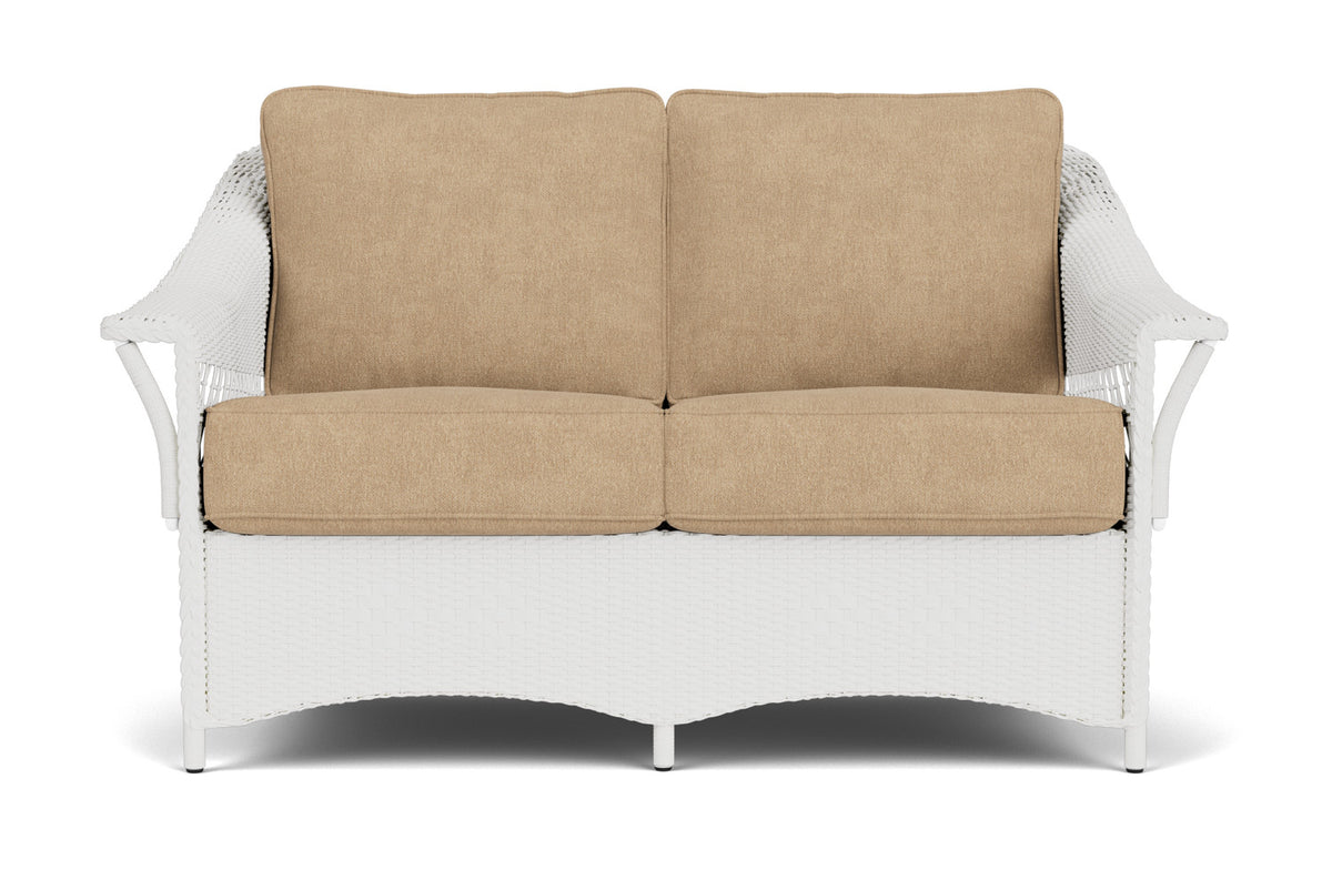 Lloyd Flanders Nantucket Loveseat in Matte White with Hayden Sand fabric