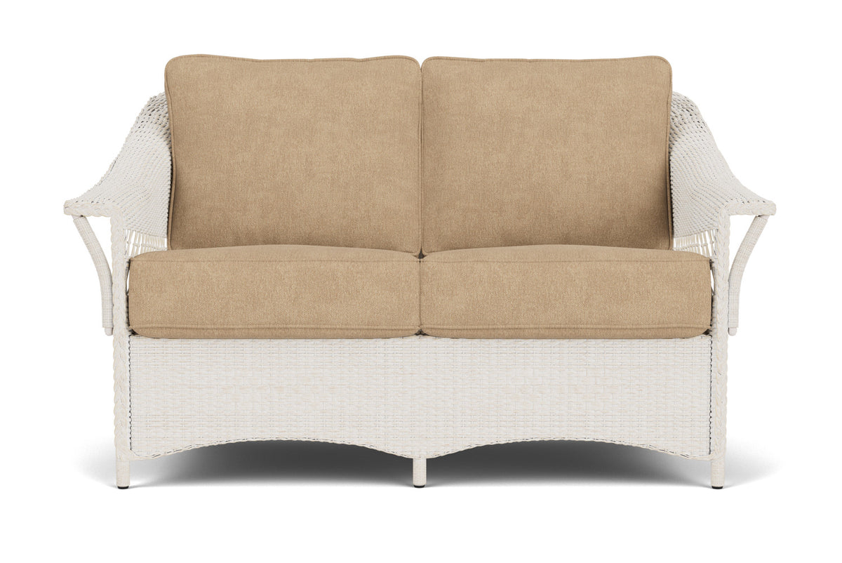 Lloyd Flanders Nantucket Conversation Set in Antique White with Hayden Sand fabric