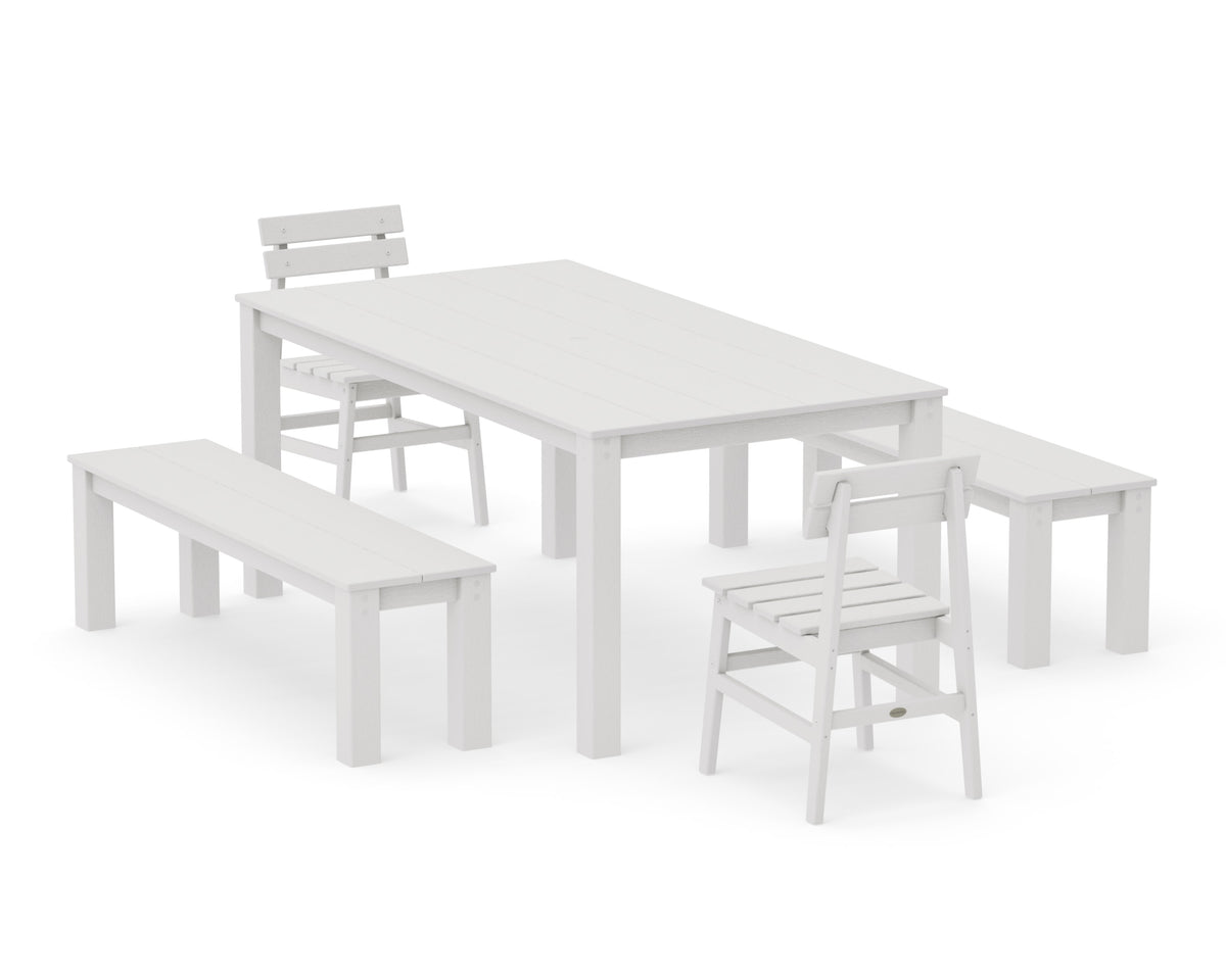 POLYWOOD Modern Studio Plaza Chair 5-Piece Parsons Dining Set with Benches - 38" x 72" Table in Vintage White
