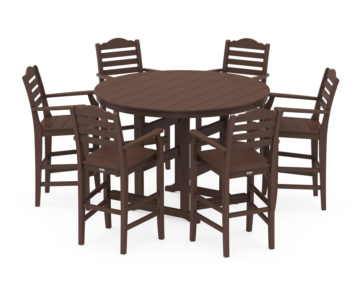 POLYWOOD Savannah 7-Piece Arm Chair Round Farmhouse Bar Set in Mahogany