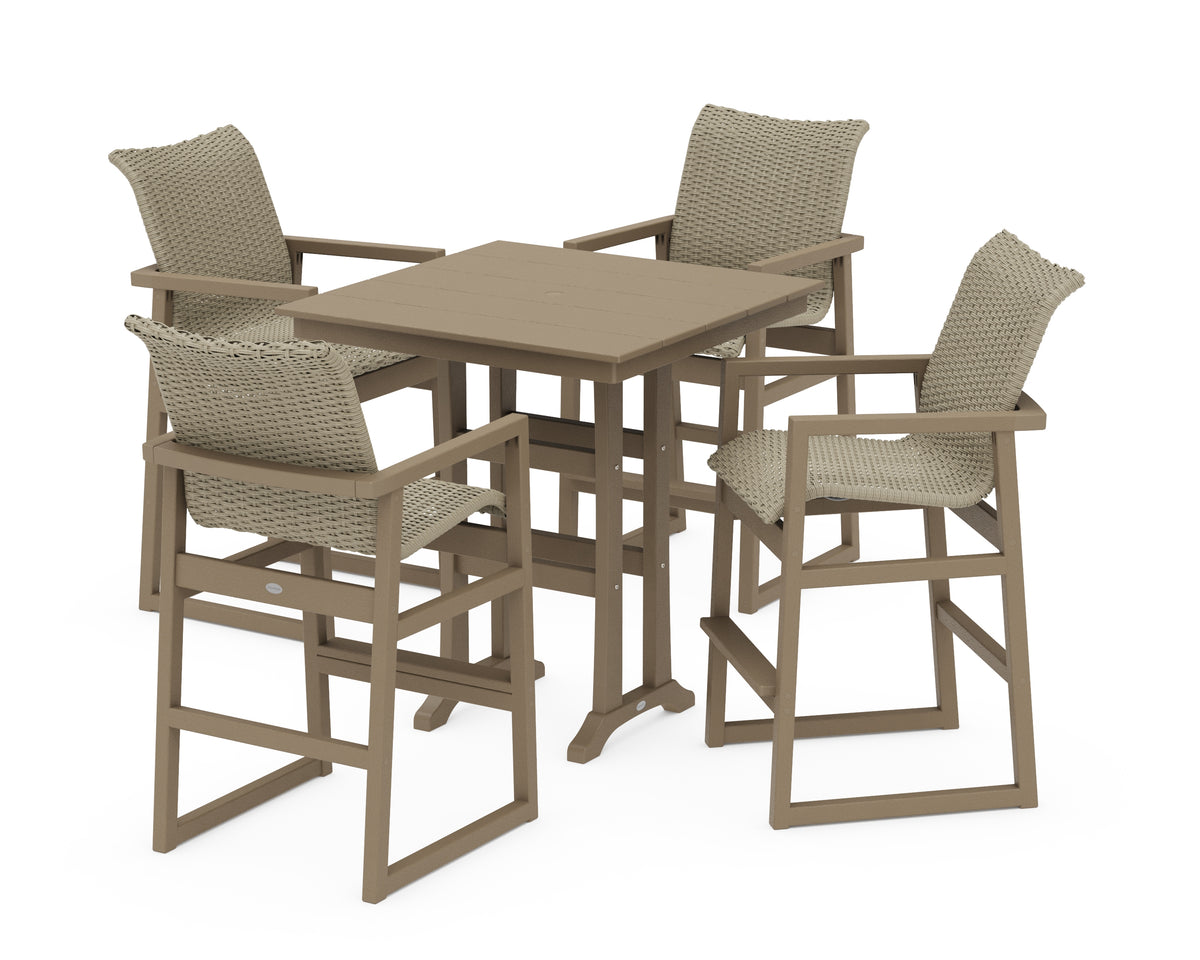POLYWOOD EDGE Woven 5-Piece Farmhouse Bar Set with Trestle Legs in Vintage Sahara / Dune Grass