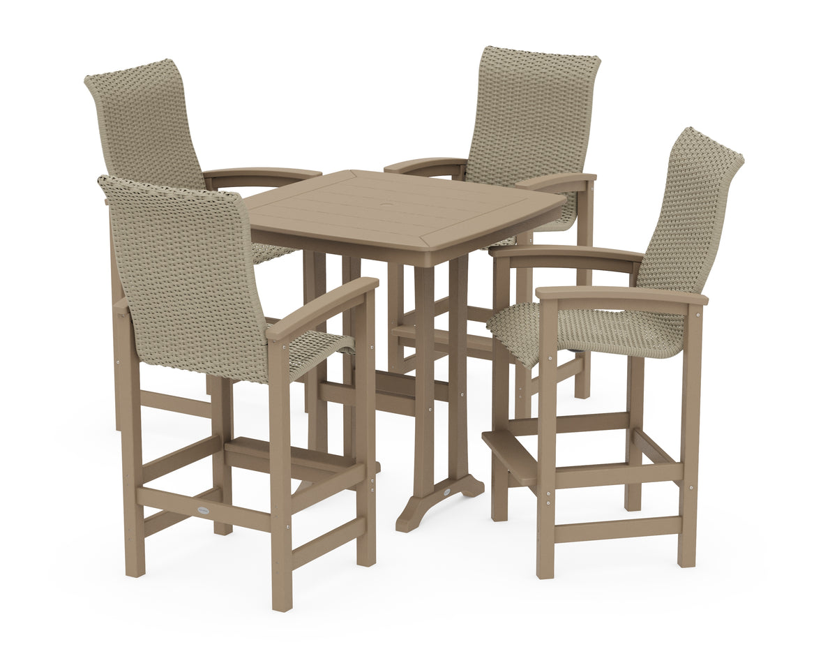 POLYWOOD Coastal Woven High-Back 5-Piece Bar Set with Trestle Legs in Vintage Sahara / Dune Grass