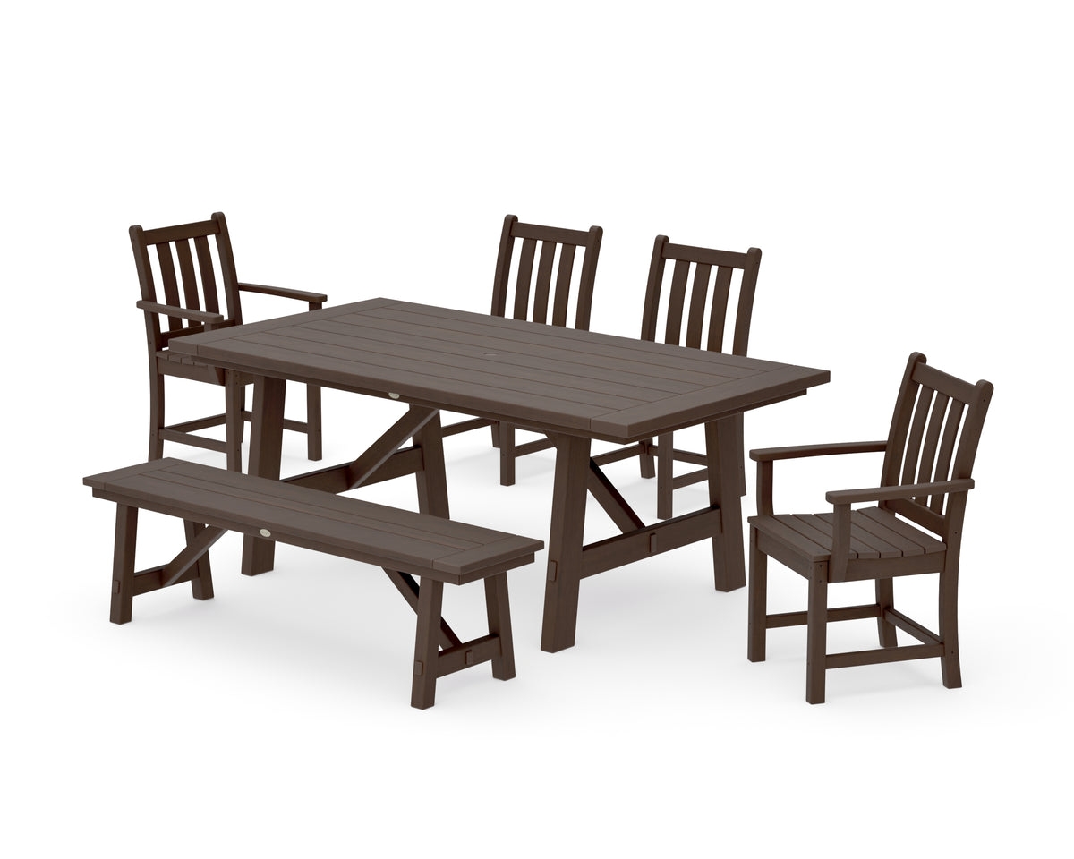 POLYWOOD Traditional Garden 6-Piece Rustic Farmhouse Dining Set with Bench in Kona
