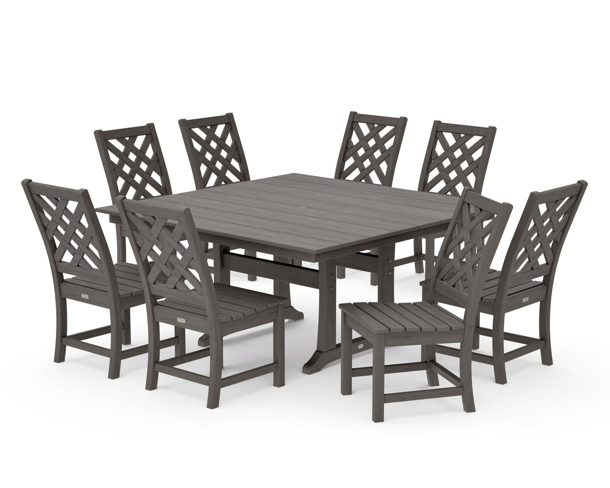 POLYWOOD Wovendale Side Chair 9-Piece Square Farmhouse Dining Set with Trestle Legs in Driftwood
