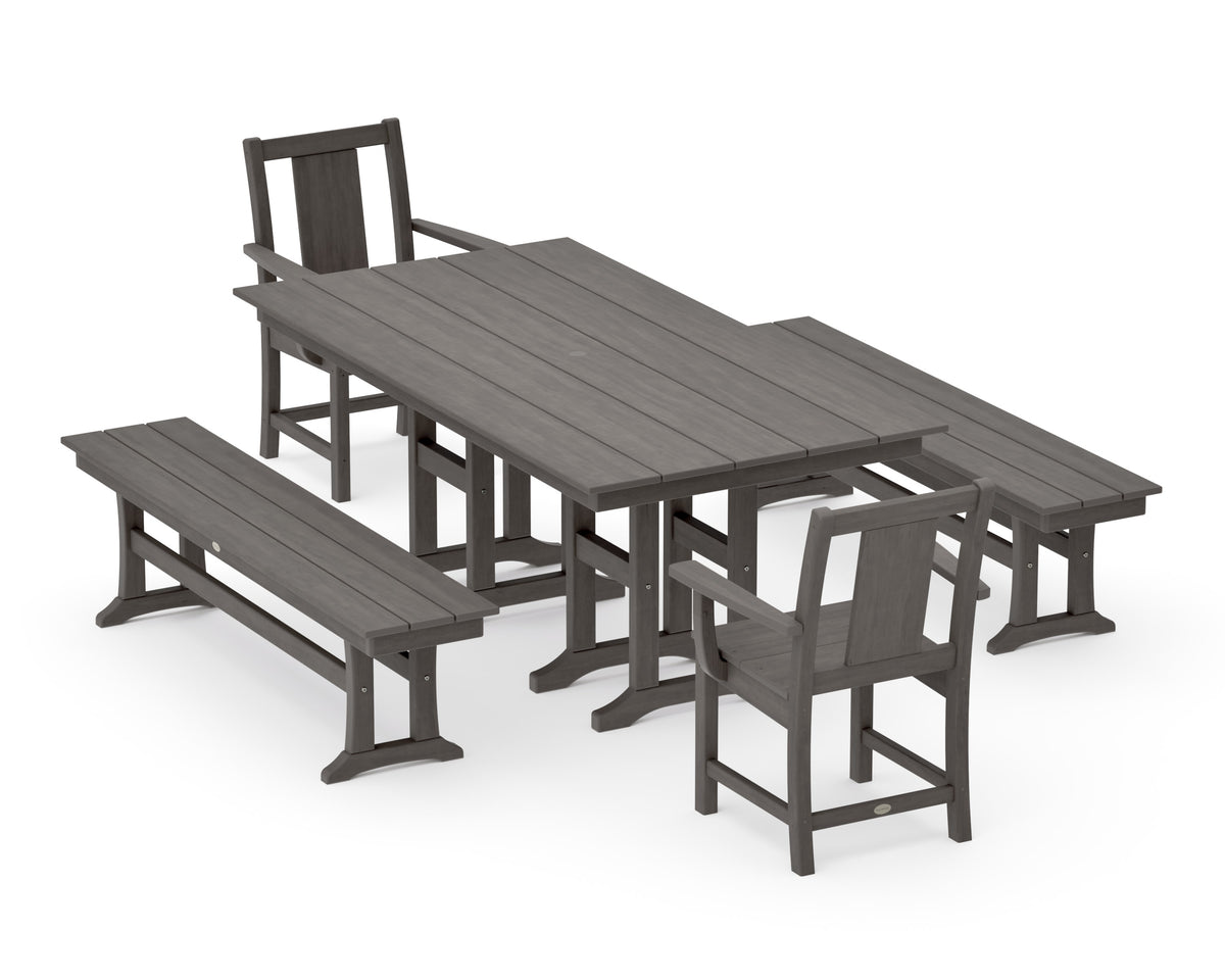 POLYWOOD Prairie 5-Piece Farmhouse Dining Set with Benches in Driftwood