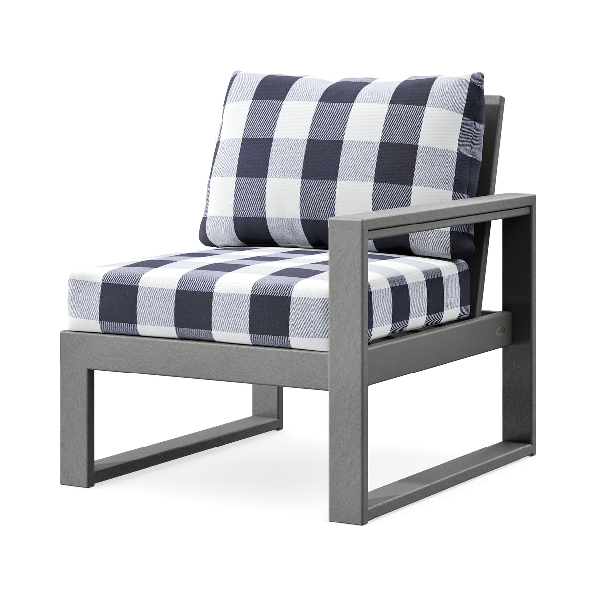 POLYWOOD EDGE Modular Right Arm Chair in Slate Grey / Buffalo Plaid Navy