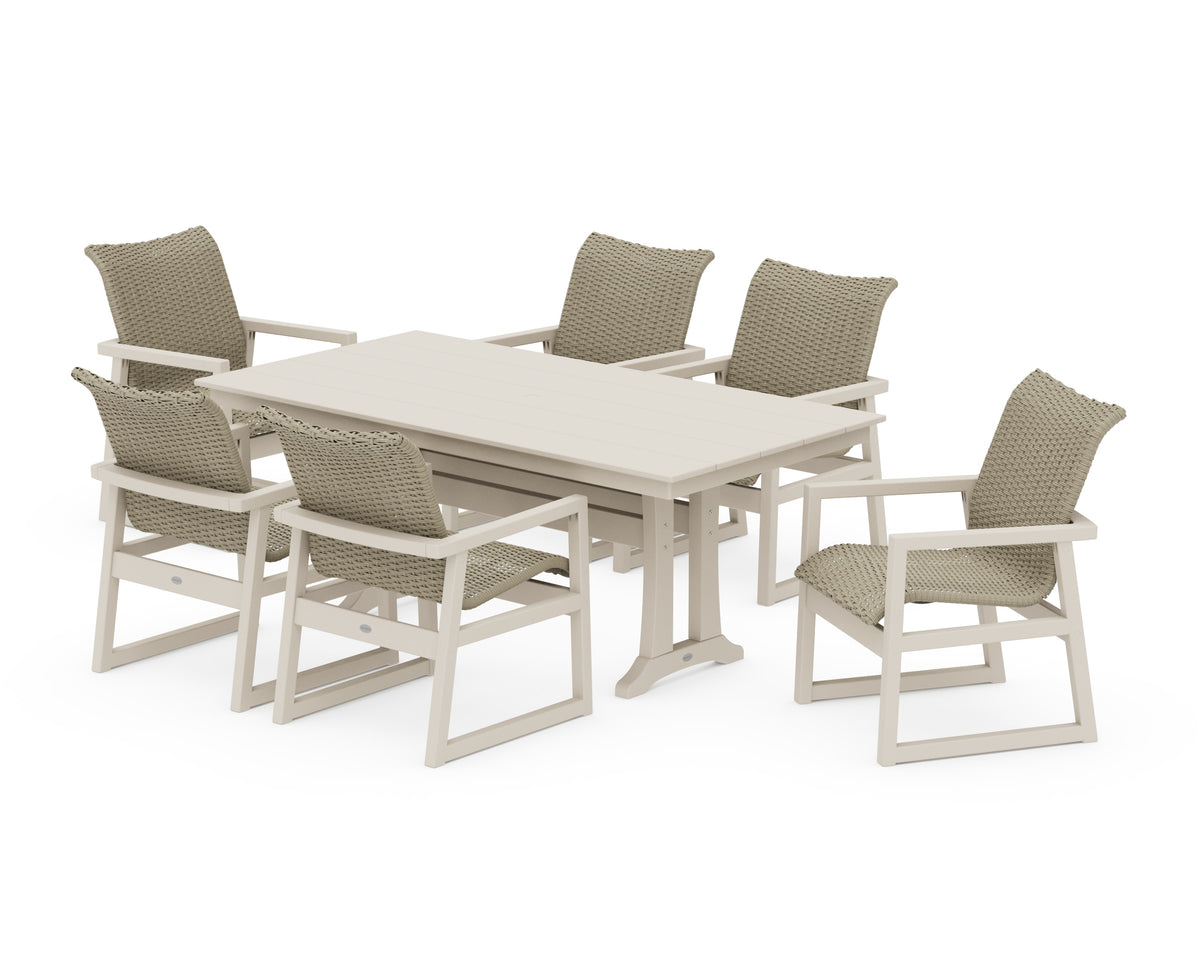 POLYWOOD EDGE Woven Arm Chair 7-Piece Farmhouse Dining Set with Trestle Legs in Sand / Dune Grass
