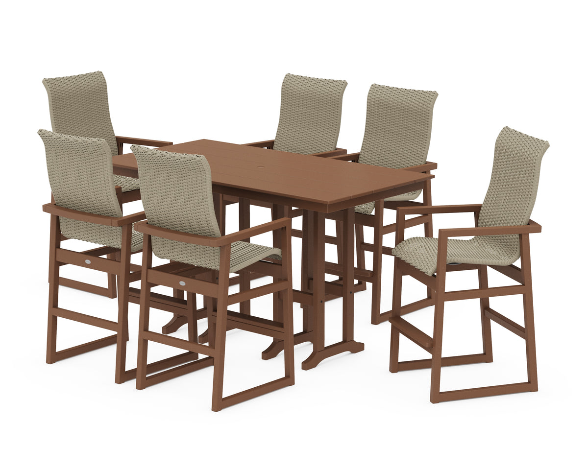 POLYWOOD EDGE Woven Highback Arm Chair 7-Piece Farmhouse Bar Set in Teak / Dune Grass