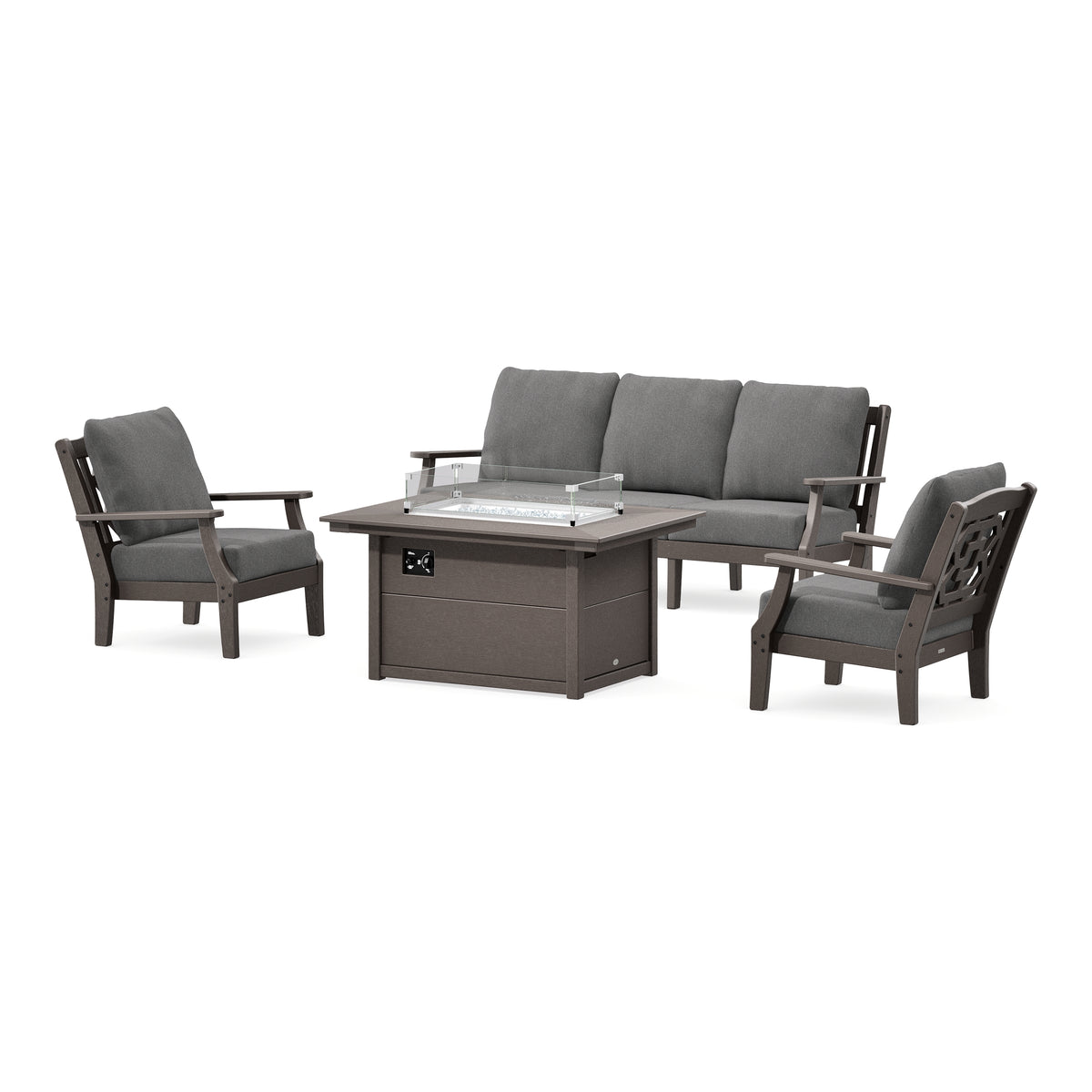POLYWOOD Chinoiserie Deep Seating Fire Pit Table Set in Vintage Coffee