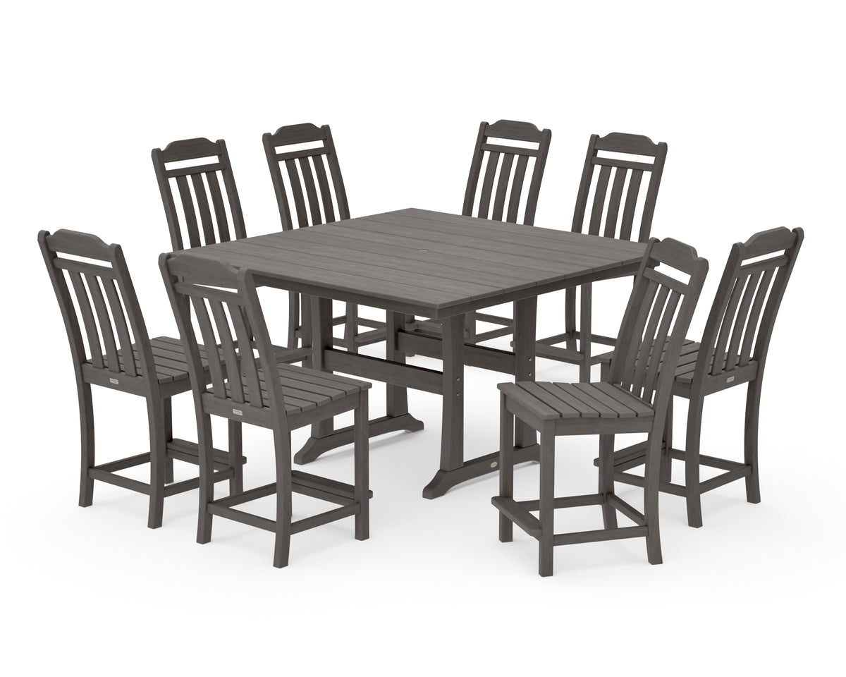 POLYWOOD Country Living Cottage 9-Piece Square Farmhouse Side Chair Counter Set with Trestle Legs in Driftwood