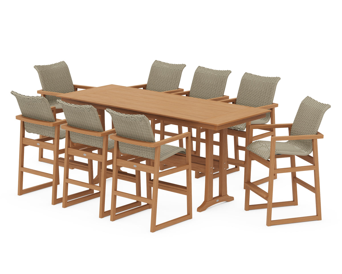 POLYWOOD EDGE Woven 9-Piece Farmhouse Bar Set with Trestle Legs in Natural / Dune Grass