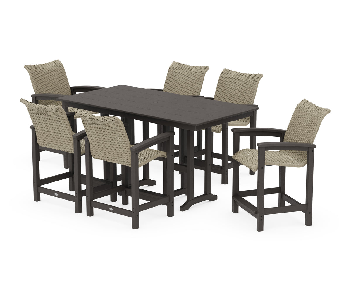 POLYWOOD Coastal Woven Arm Chair 7-Piece Farmhouse Counter Set in Vintage Coffee / Dune Grass