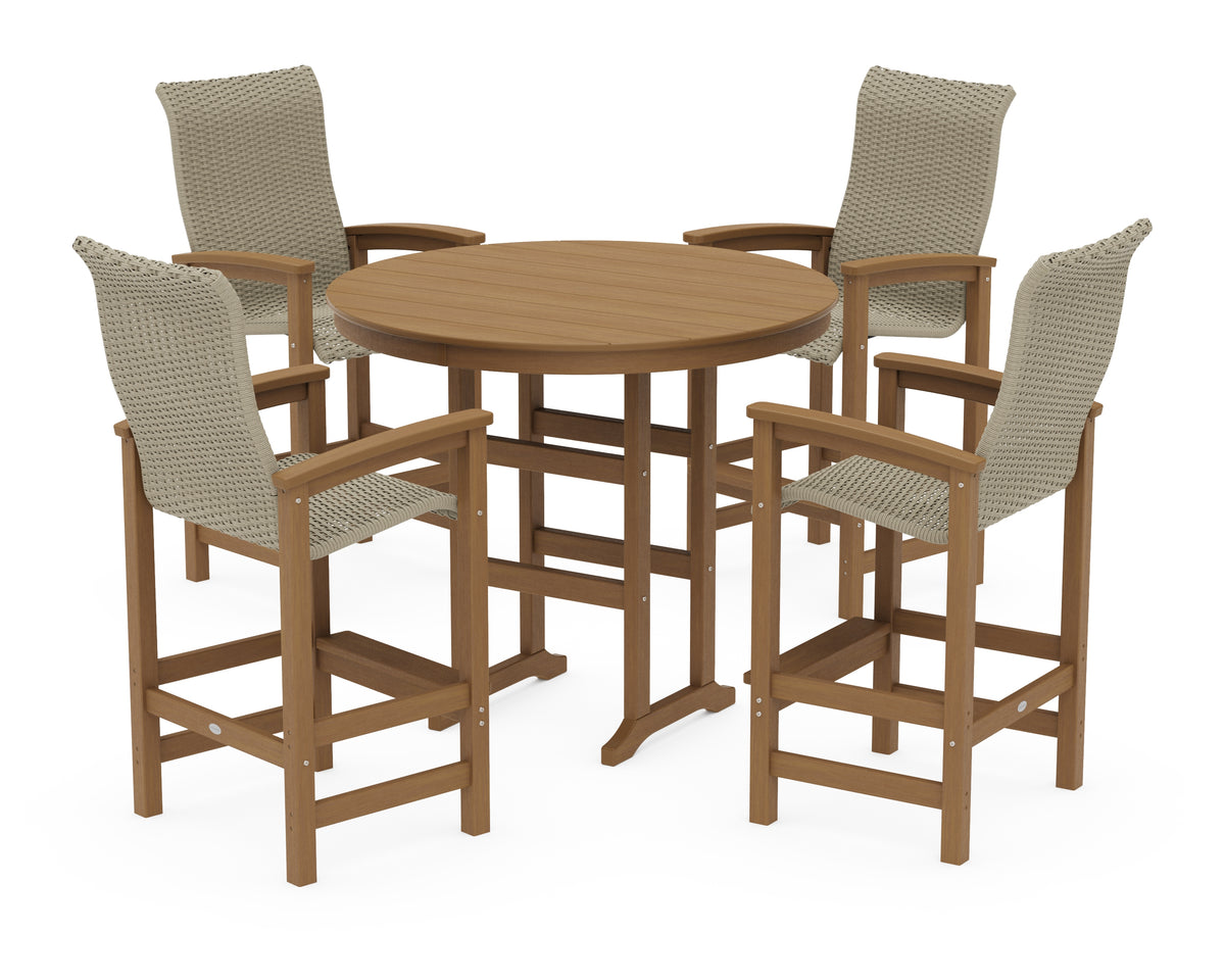 POLYWOOD Coastal Woven High-Back 5-Piece Round Farmhouse Bar Set in Natural / Dune Grass