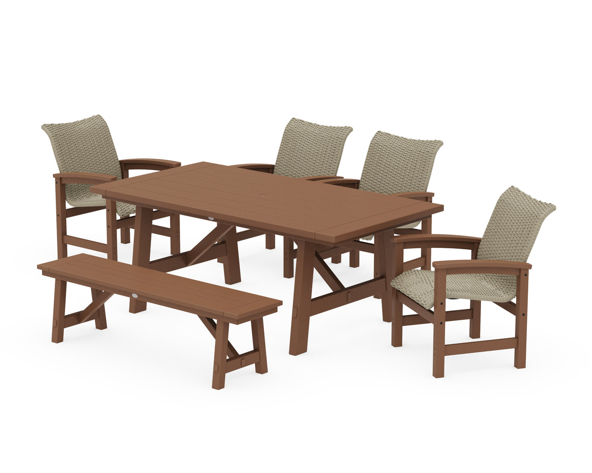 POLYWOOD Coastal Woven 6-Piece Rustic Farmhouse Dining Set with Bench in Teak / Dune Grass