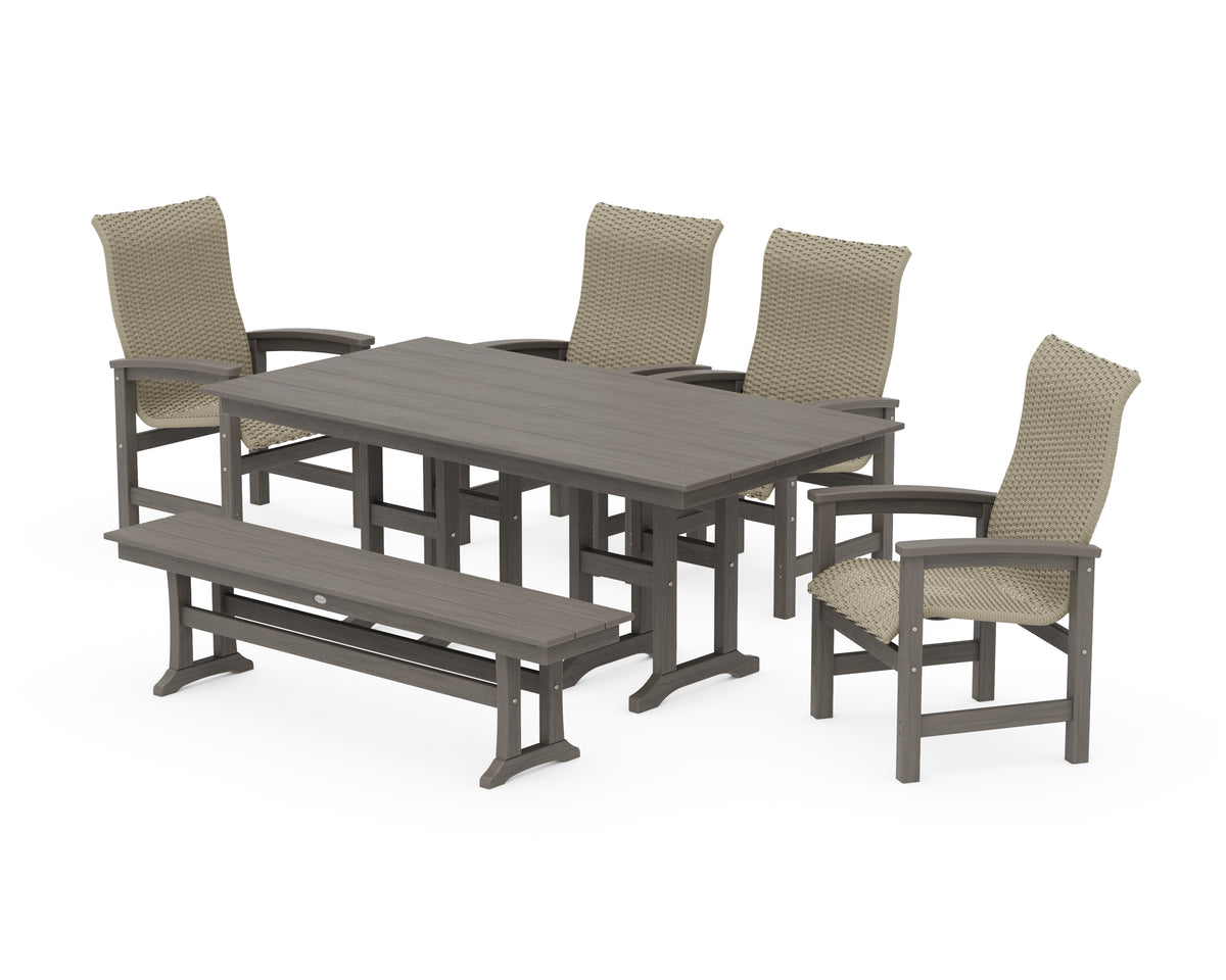 POLYWOOD Coastal Woven High-Back 6-Piece Farmhouse Dining Set with Bench with Farmhouse 37" x 72" Dining Table in Driftwood / Dune Grass
