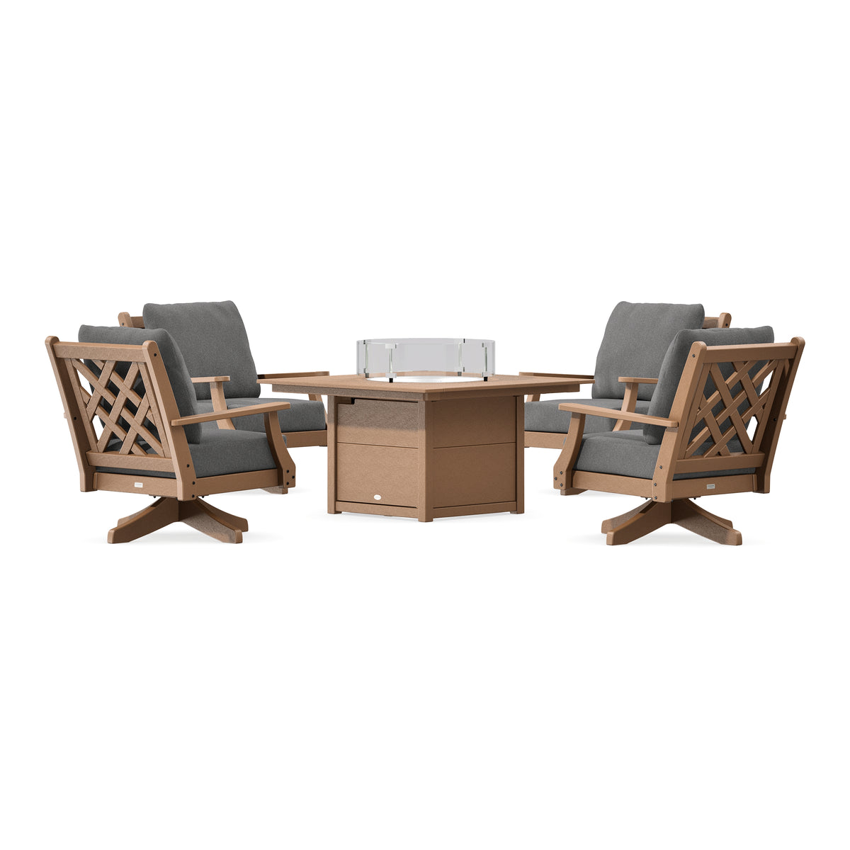 POLYWOOD Country Living Wovendale 5-Piece Deep Seating Swivel Conversation Set with Fire Pit Table in Teak