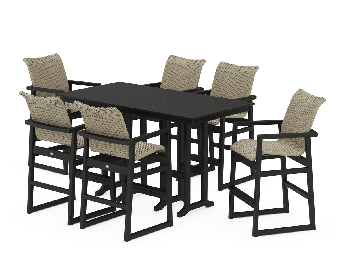 POLYWOOD EDGE Woven Arm Chair 7-Piece Farmhouse Bar Set in Black / Dune Grass