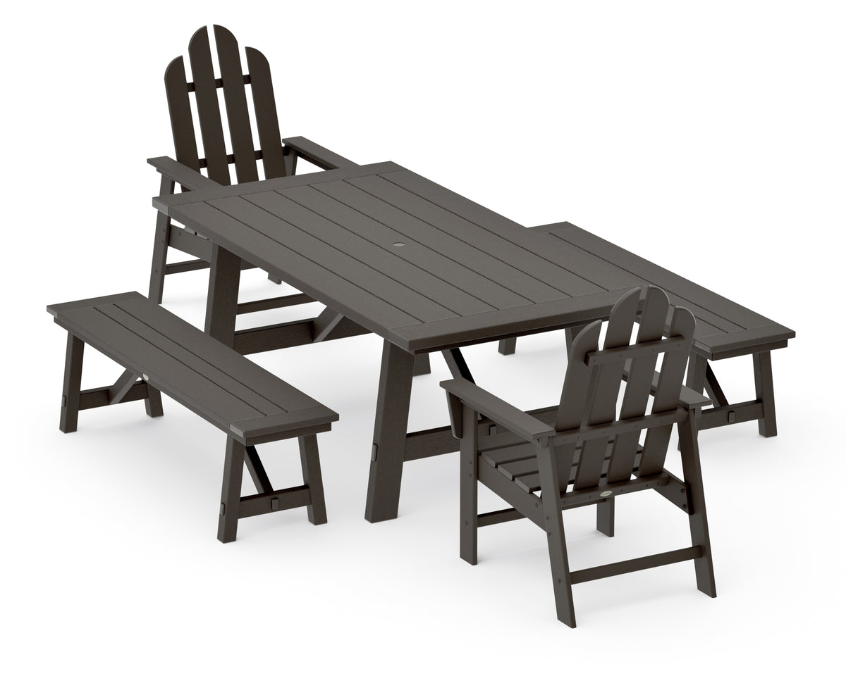 POLYWOOD Long Island 5-Piece Rustic Farmhouse Dining Set with Benches in Vintage Coffee