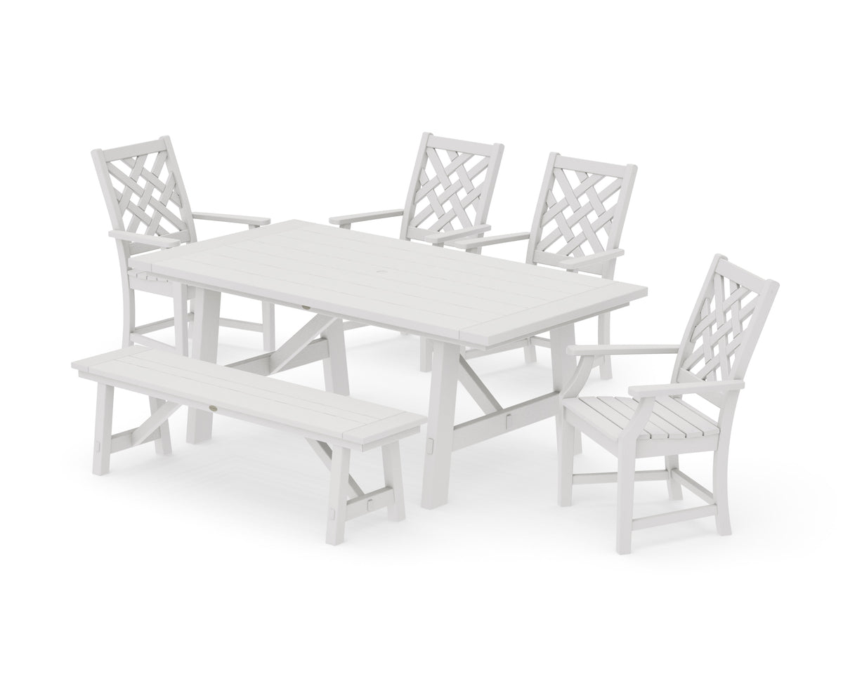POLYWOOD Wovendale 6-Piece Rustic Farmhouse Dining Set with Bench in Vintage White