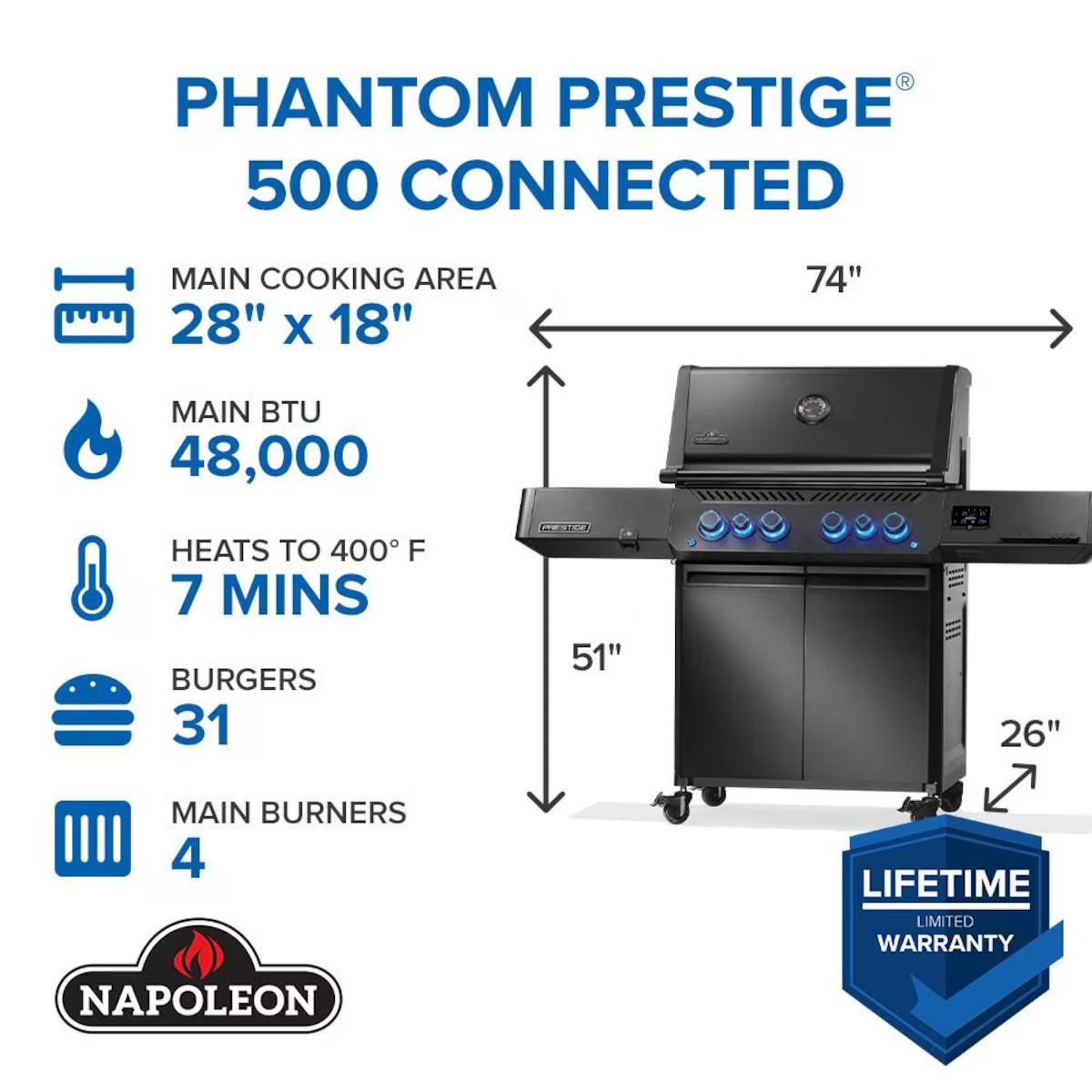 Napoleon Prestige 500 Connected Smart Gas Grill – Phantom Black or Stainless Steel | 4 Burner Propane with Rotisserie, WiFi & Bluetooth