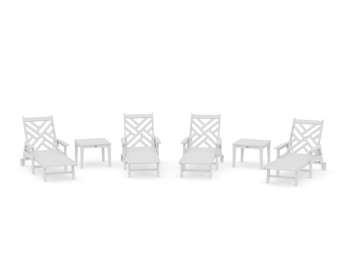 POLYWOOD Chippendale 6-Piece Chaise Set with Arms and Wheels in Vintage White