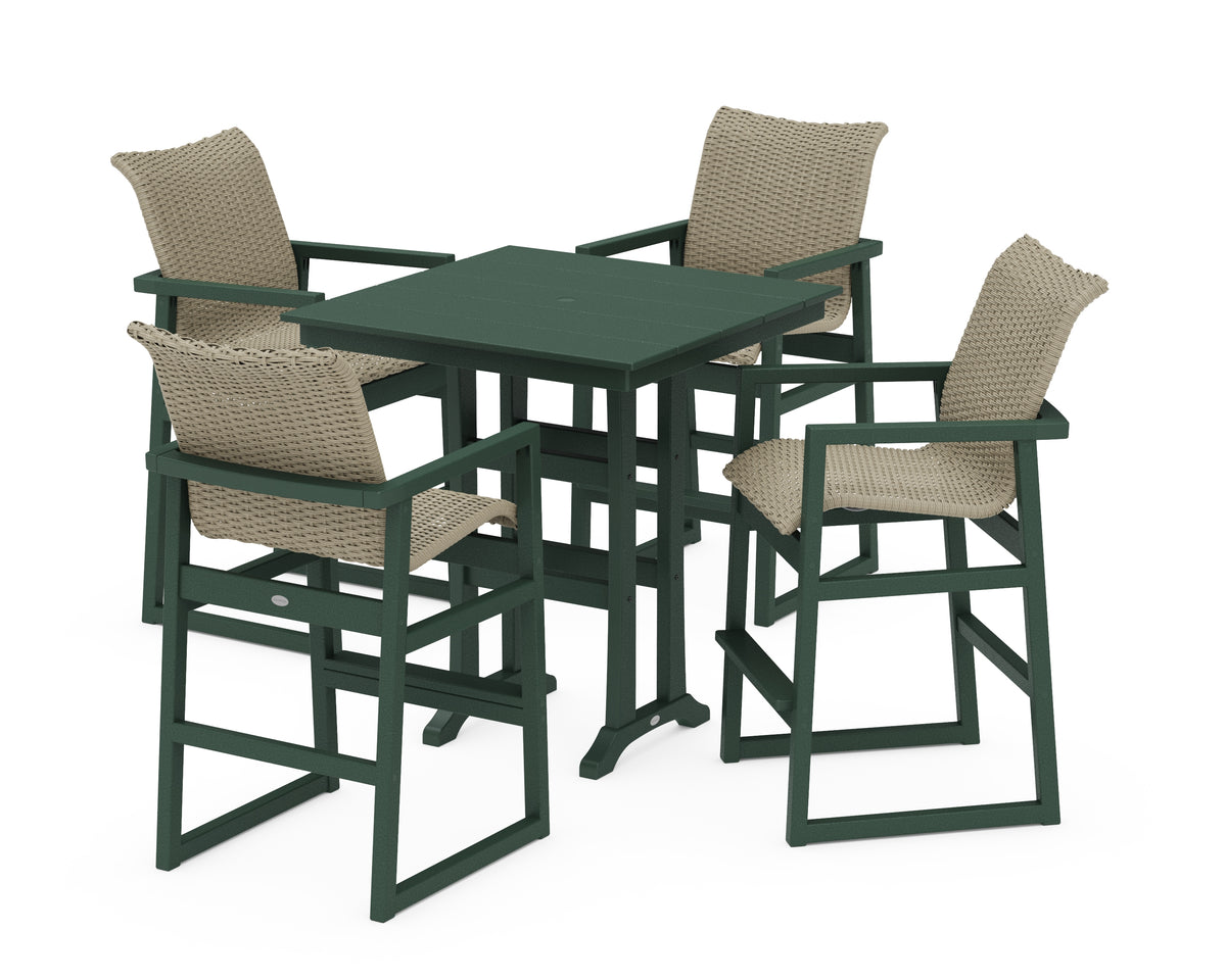 POLYWOOD EDGE Woven 5-Piece Farmhouse Bar Set with Trestle Legs in Green / Dune Grass