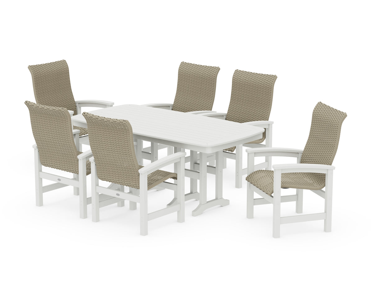 POLYWOOD Coastal Woven High-Back Arm Chair 7-Piece Dining Set in Vintage White / Dune Grass