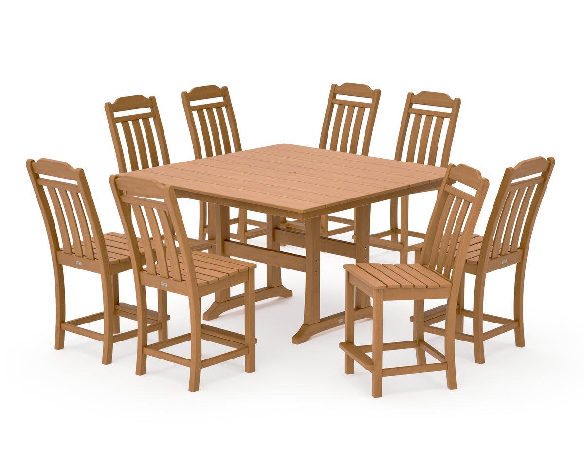 POLYWOOD Country Living Cottage 9-Piece Square Farmhouse Side Chair Counter Set with Trestle Legs in Natural