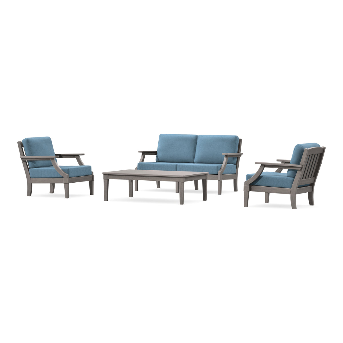 POLYWOOD PW Designer Series Estate Lounge 4-Piece Loveseat Set in Driftwood / Sky Blue