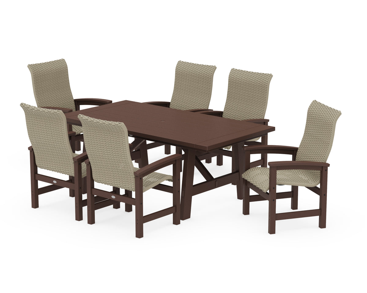 POLYWOOD Coastal Woven High-Back Arm Chair 7-Piece Rustic Farmhouse Dining Set in Mahogany / Dune Grass