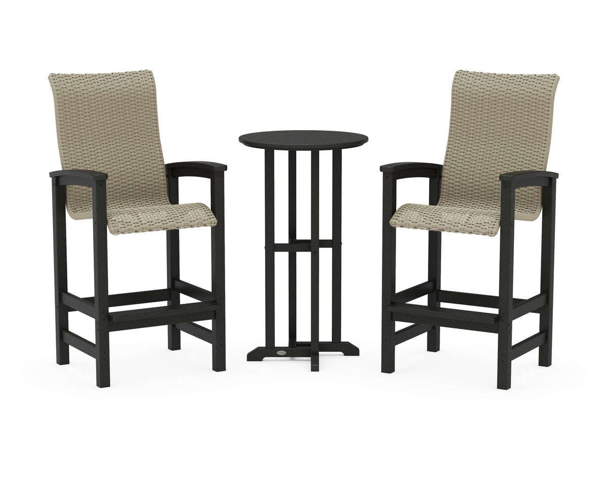 POLYWOOD Coastal Woven High-Back 3-Piece Farmhouse Bar Set in Black / Dune Grass