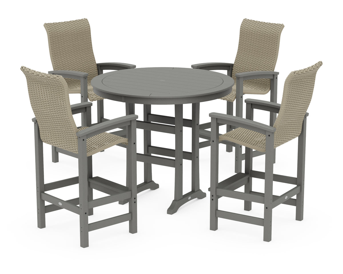 POLYWOOD Coastal Woven High-Back 5-Piece Round Bar Set in Slate Grey / Dune Grass