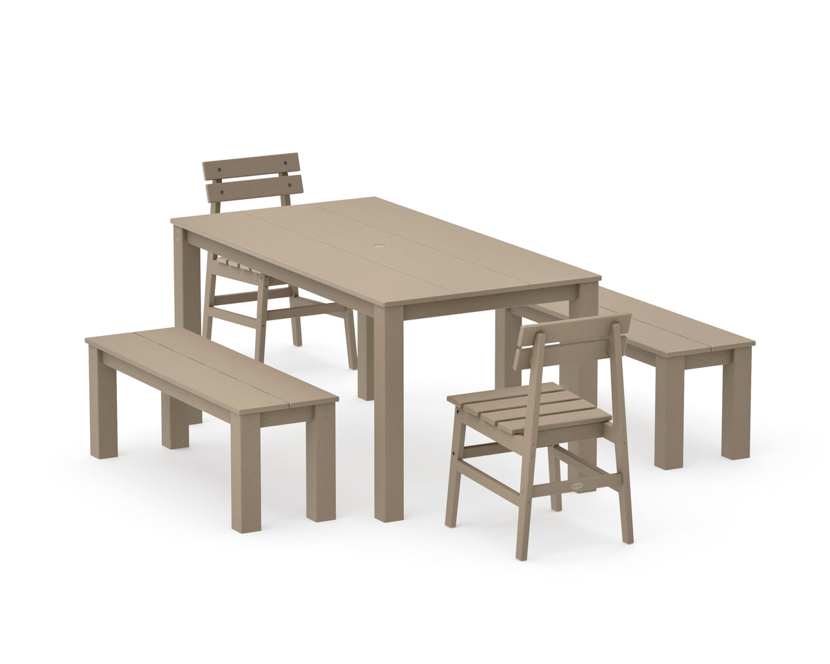 POLYWOOD Modern Studio Plaza Chair 5-Piece Parsons Dining Set with Benches - 34" x 64" Table in Vintage Sahara