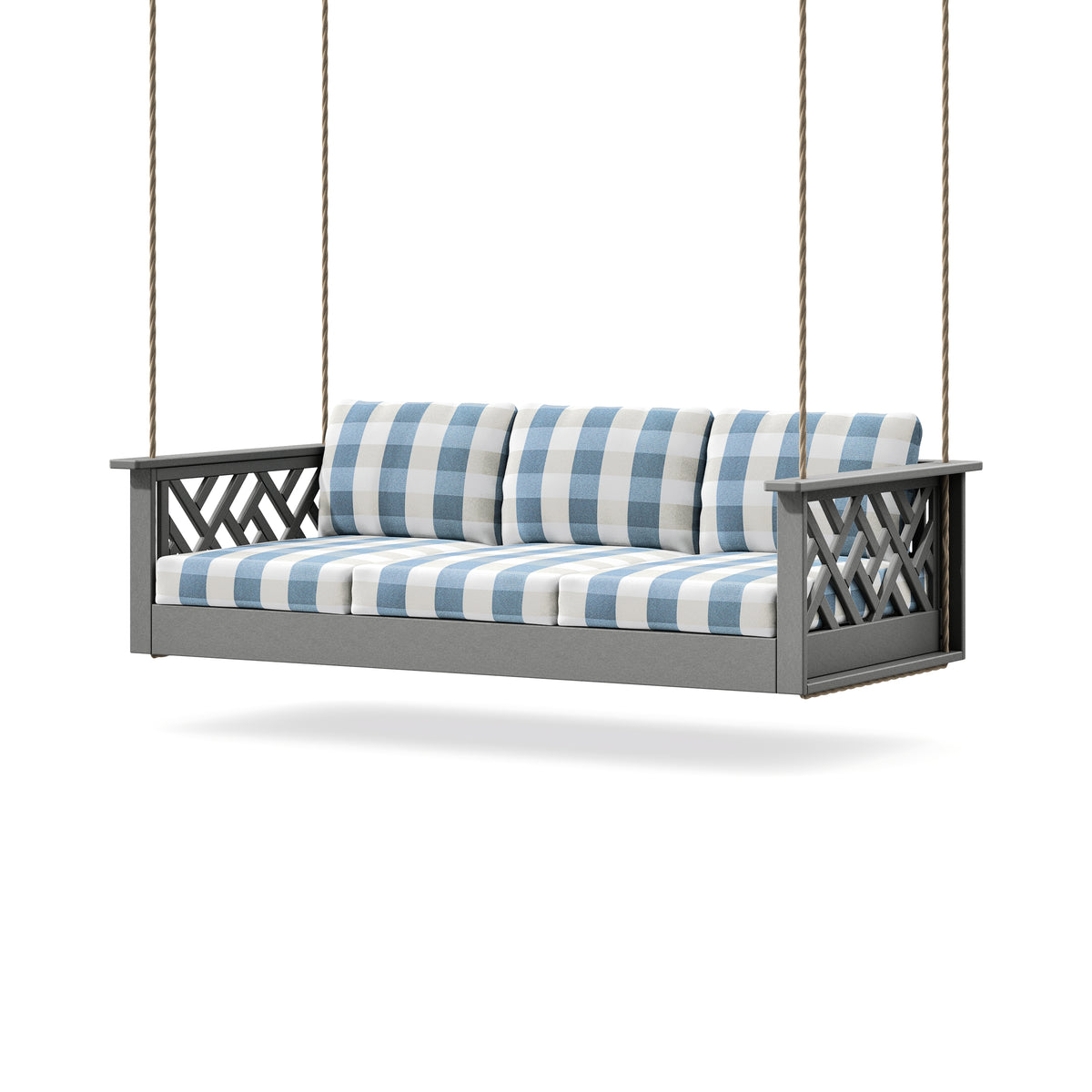 POLYWOOD Chippendale Daybed Swing in Slate Grey / Buffalo Plaid Sky Blue