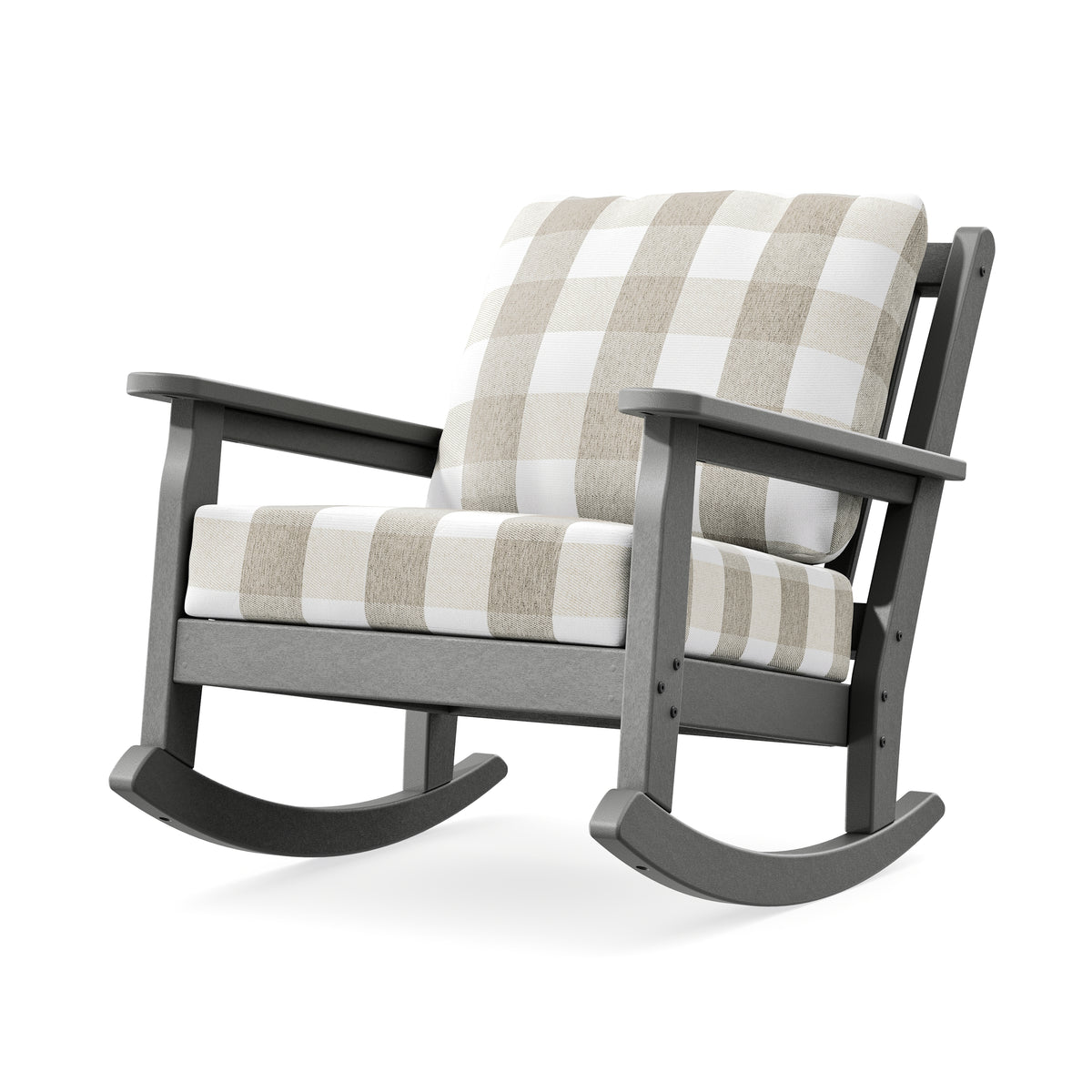 POLYWOOD Chippendale Deep Seating Rocking Chair in Slate Grey / Buffalo Plaid Dune Burlap