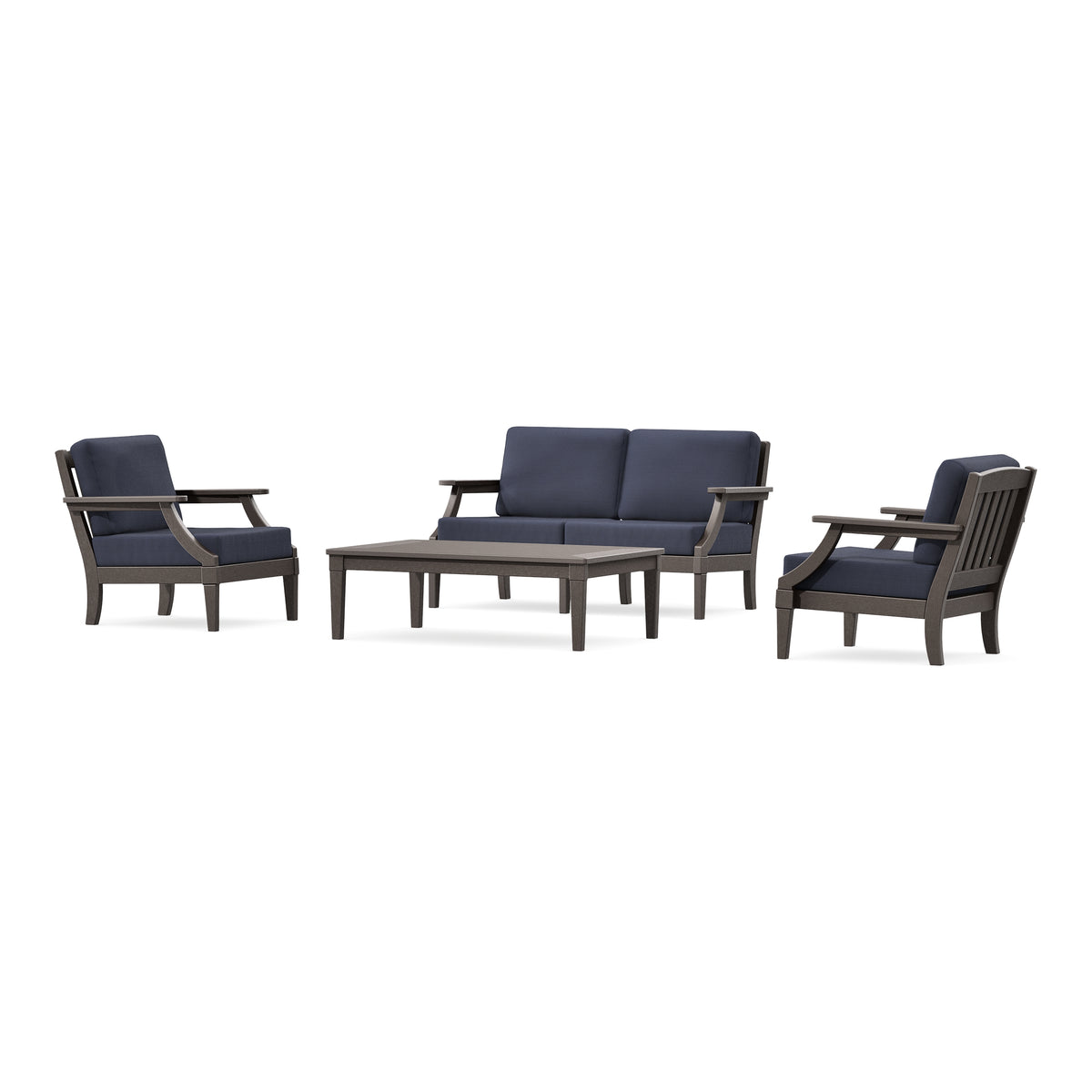POLYWOOD PW Designer Series Estate Lounge 4-Piece Loveseat Set in Vintage Coffee / Navy Linen