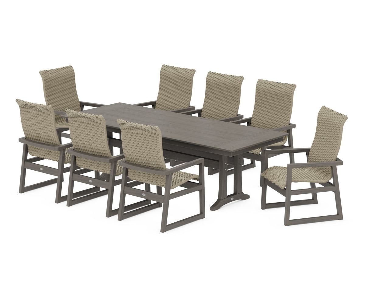 POLYWOOD EDGE Woven High-Back 9-Piece Farmhouse Dining Set with Trestle Legs in Driftwood / Dune Grass