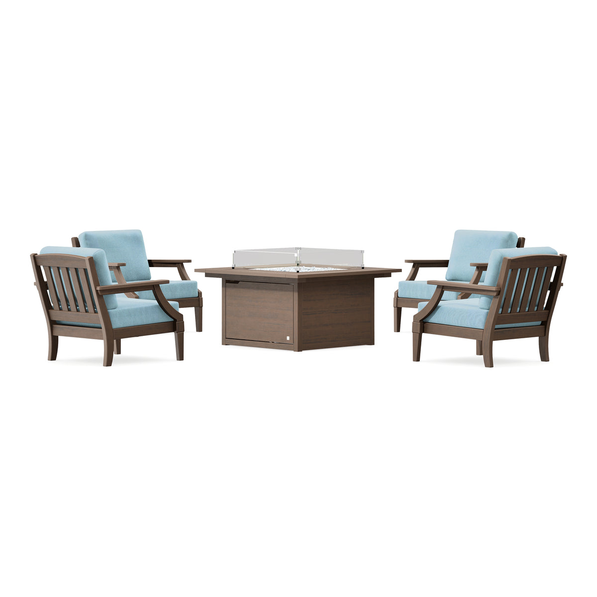 POLYWOOD PW Designer Series Estate 5-Piece Lounge Fire Table Set in Kona / Lattice Sky Blue