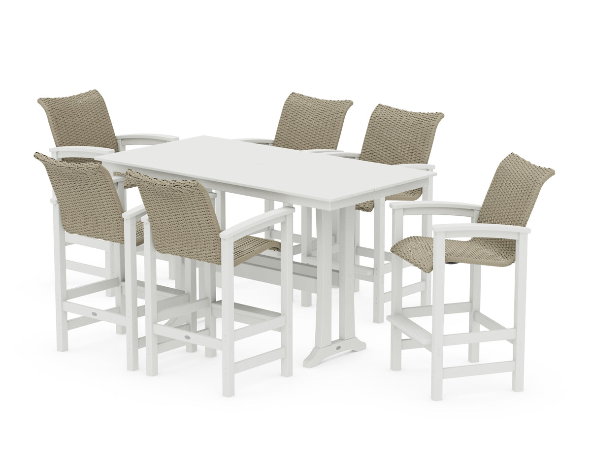 POLYWOOD Coastal Woven Arm Chair 7-Piece Farmhouse Bar Set with Trestle Legs in White / Dune Grass