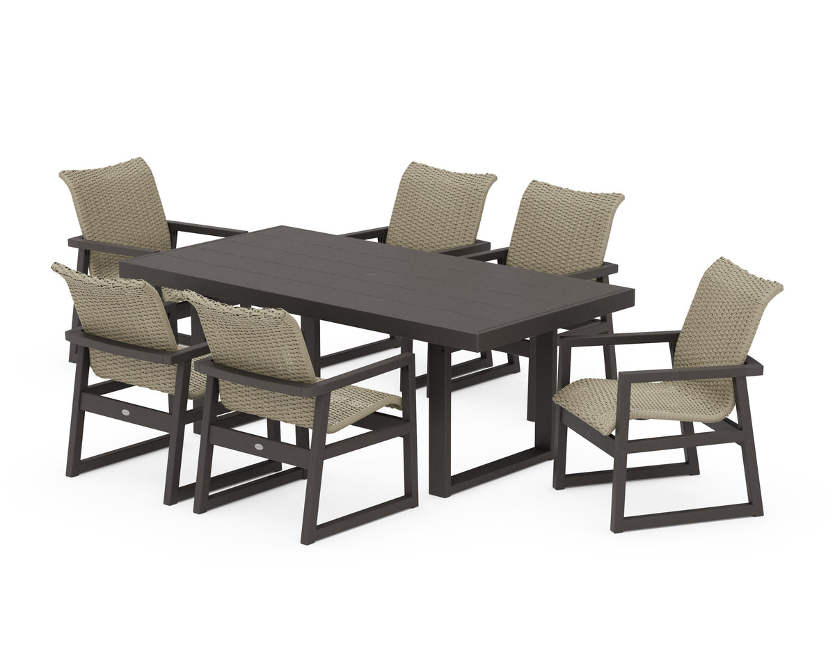 POLYWOOD EDGE Woven Arm Chair 7-Piece Dining Set in Vintage Coffee / Dune Grass