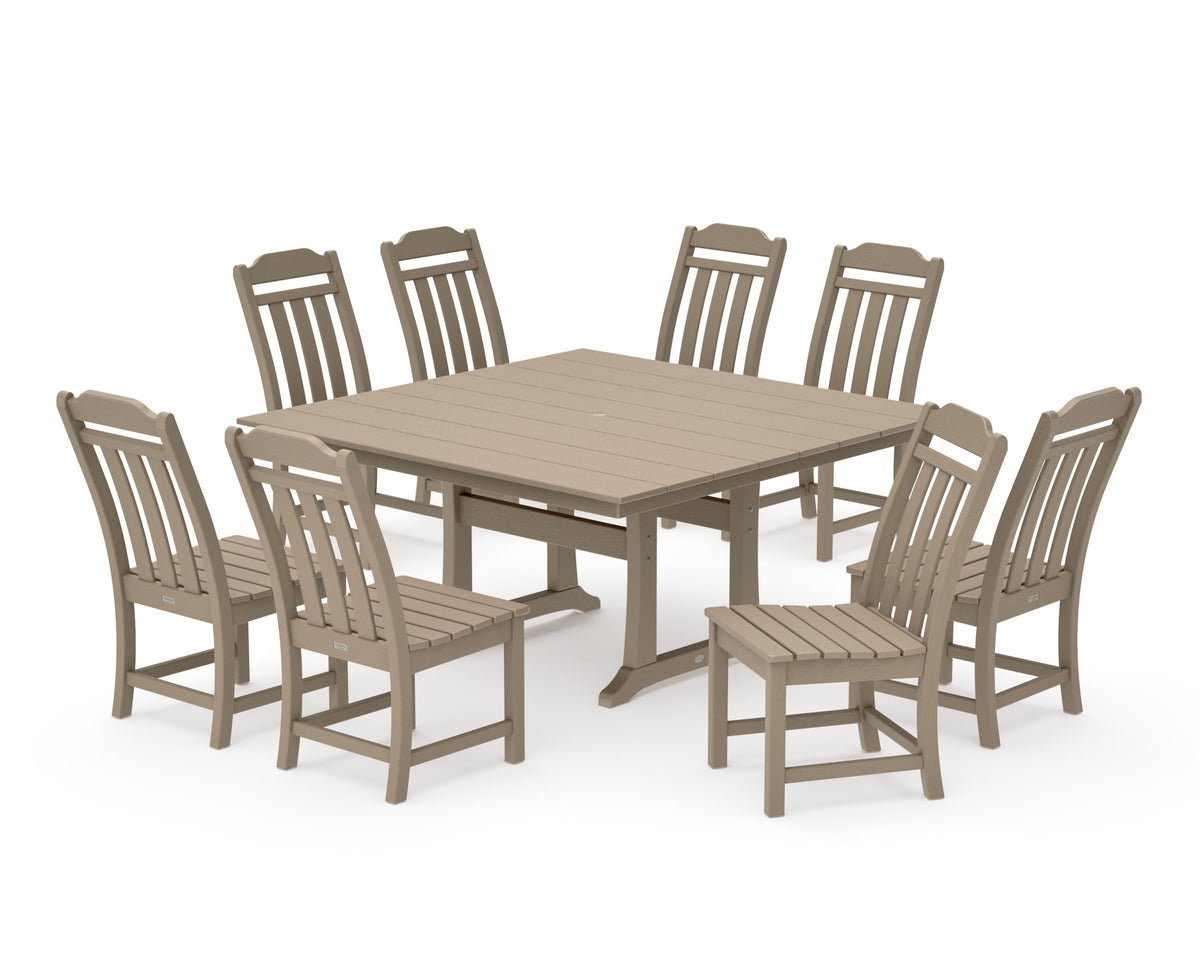 POLYWOOD Cottage 9-Piece Square Farmhouse Side Chair Dining Set with Trestle Legs in Vintage Sahara