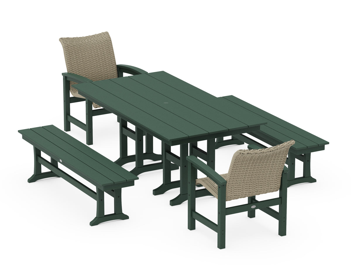 POLYWOOD Coastal Woven 5-Piece Farmhouse Dining Set with Benches in Green / Dune Grass