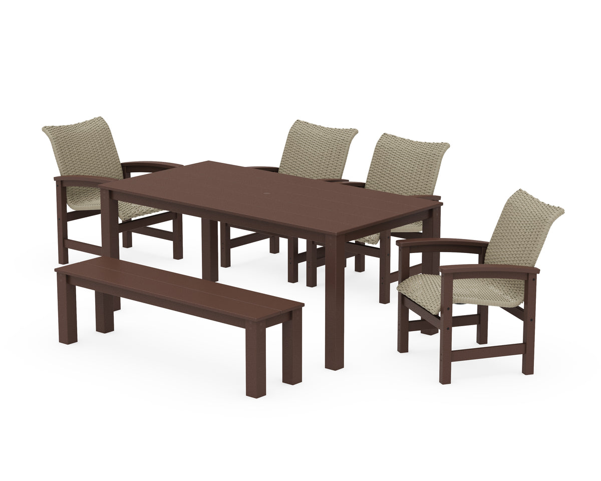 POLYWOOD Coastal Woven 6-Piece Parsons Dining Set with Bench in Mahogany / Dune Grass