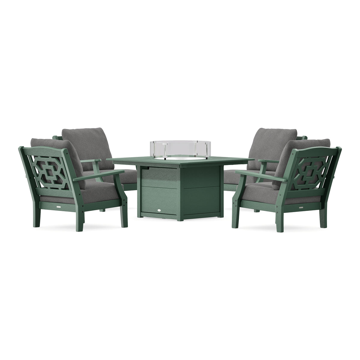 POLYWOOD Chinoiserie 5-Piece Deep Seating Set with Fire Pit Table in Green