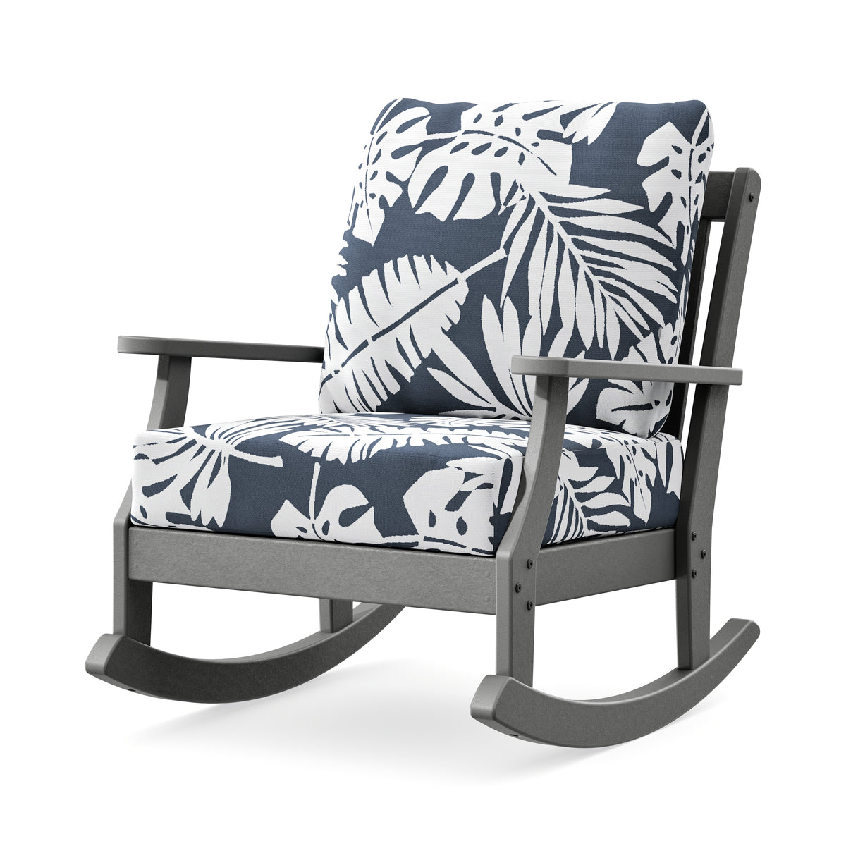 POLYWOOD Braxton Deep Seating Rocking Chair in Slate Grey / Leaf Marine Indigo
