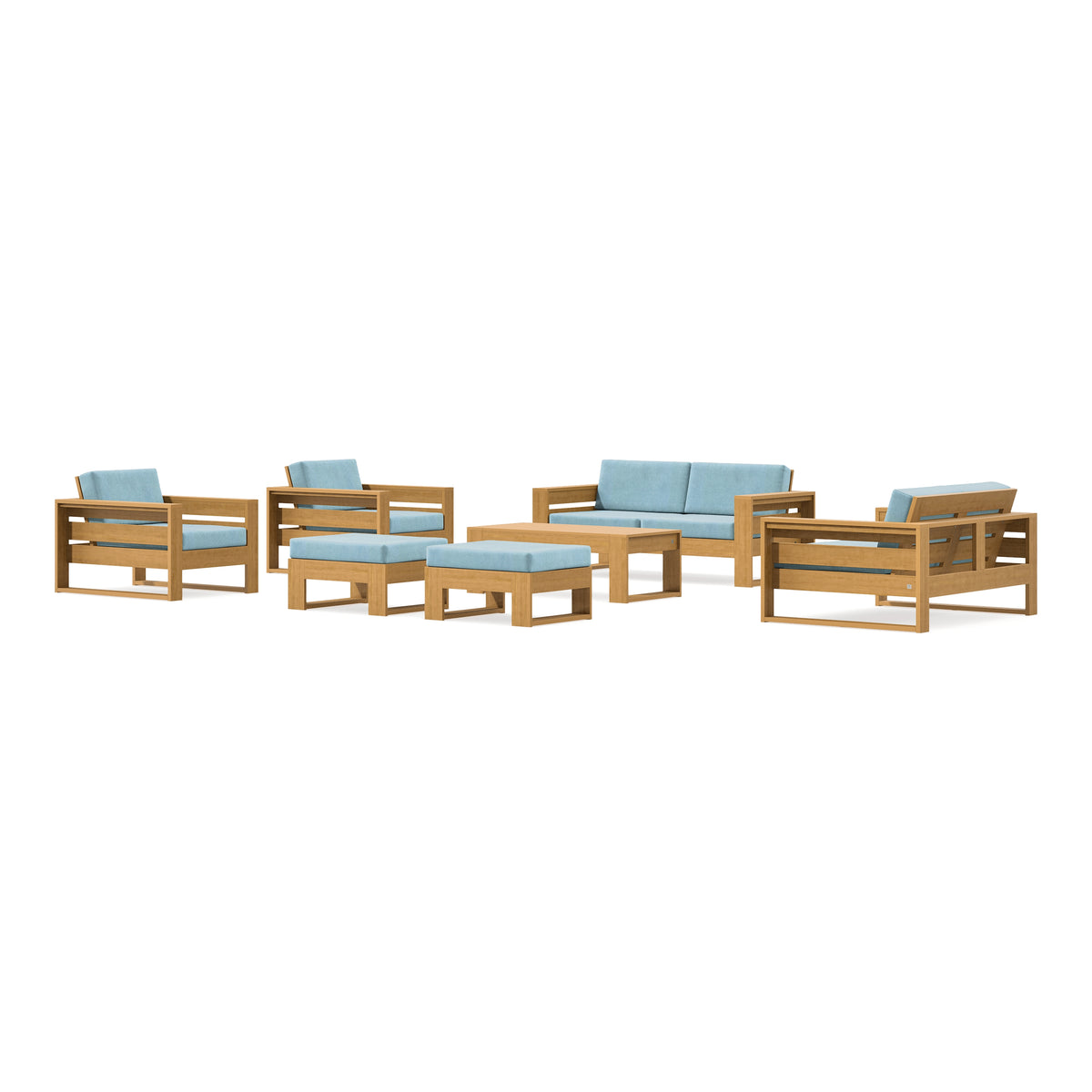 POLYWOOD PW Designer Series Latitude 7-Piece Lounge Loveseat Set in Natural / Lattice Sky Blue
